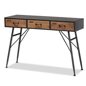 baxton studio ariana black and oak finished wood 3-drawer metal console table