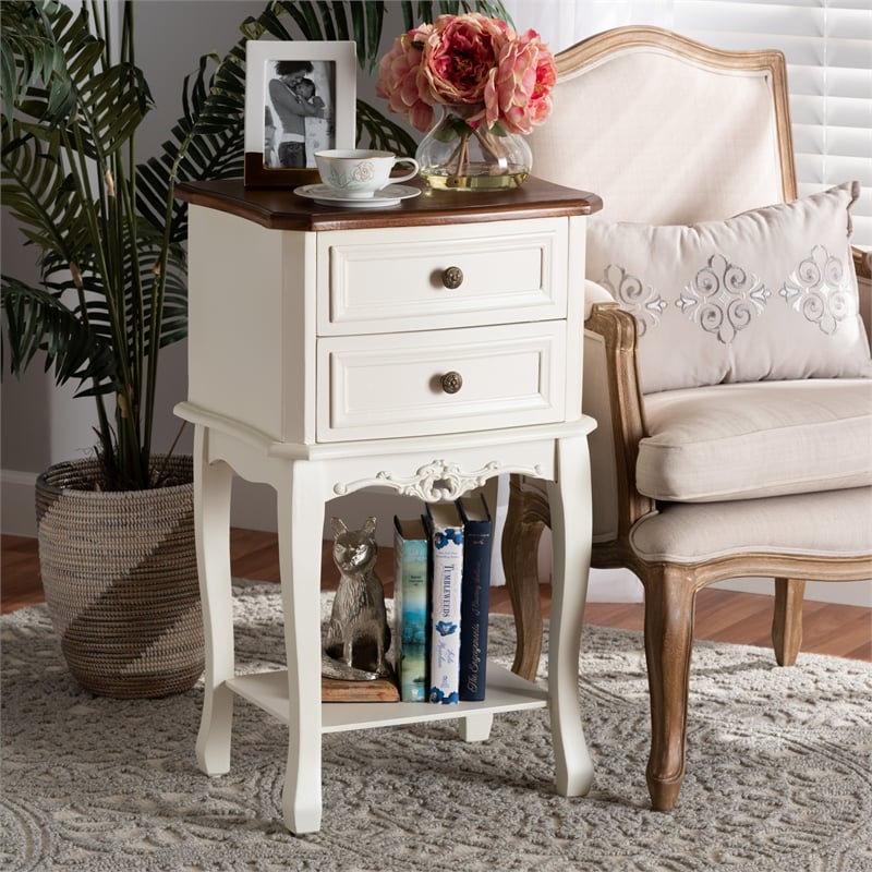 Baxton Studio Darla French White and Cherry Brown Wood 2-Drawer End Table