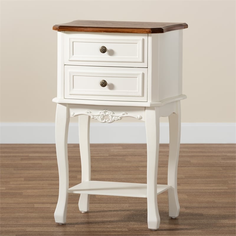 Baxton Studio Darla French White and Cherry Brown Wood 2-Drawer End Table