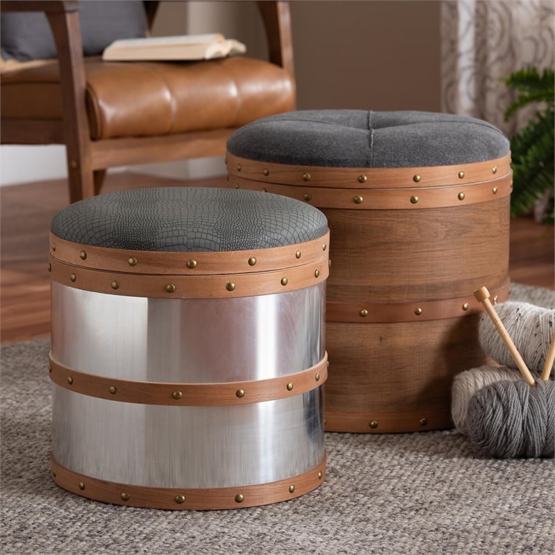 Baxton Studio Caleb Grey Fabric and Alligator Faux Leather 2-Piece Ottoman Set