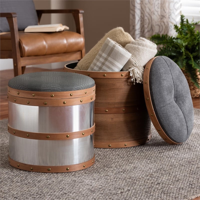 Baxton Studio Caleb Grey Fabric and Alligator Faux Leather 2-Piece Ottoman Set
