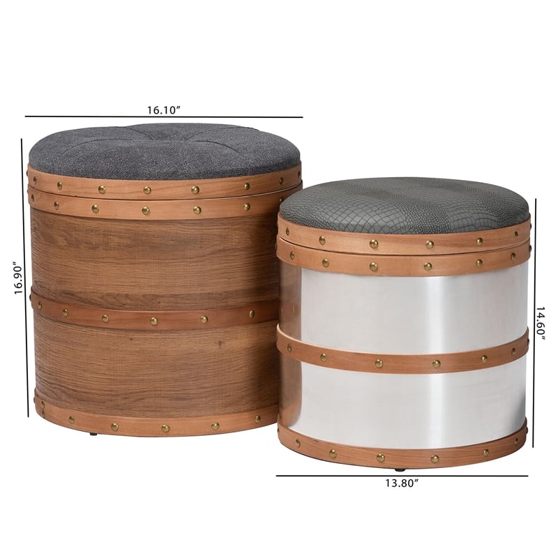 Baxton Studio Caleb Grey Fabric and Alligator Faux Leather 2-Piece Ottoman Set