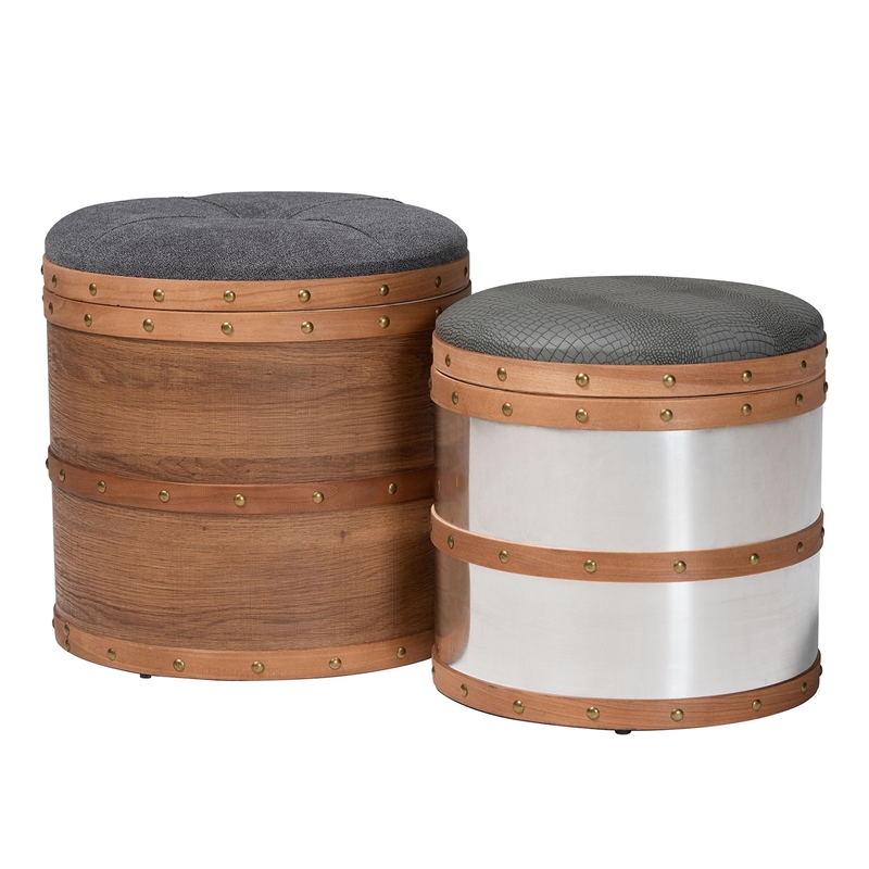Baxton Studio Caleb Grey Fabric and Alligator Faux Leather 2-Piece Ottoman Set
