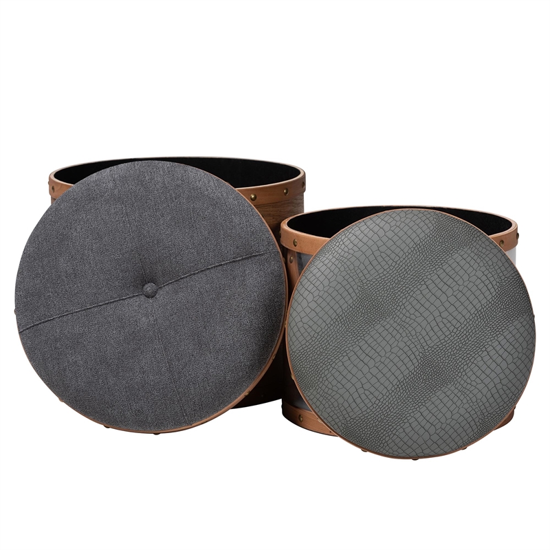 Baxton Studio Caleb Grey Fabric and Alligator Faux Leather 2-Piece Ottoman Set