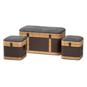 baxton studio clarence dark grey and brown upholstered 3-piece ottoman trunk set
