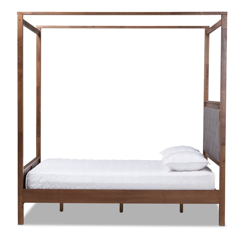 Baxton Studio Natasha Queen Size Grey Upholstered Walnut Finished Canopy Bed