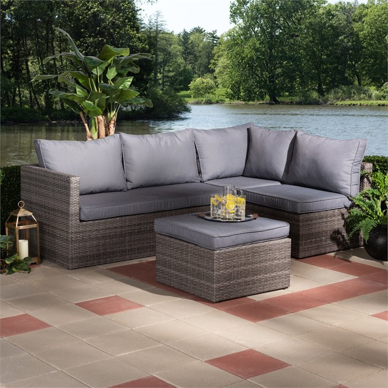 Baxton Studio Pamela Grey Polyester Upholstered 4-Piece Woven Rattan Patio Set