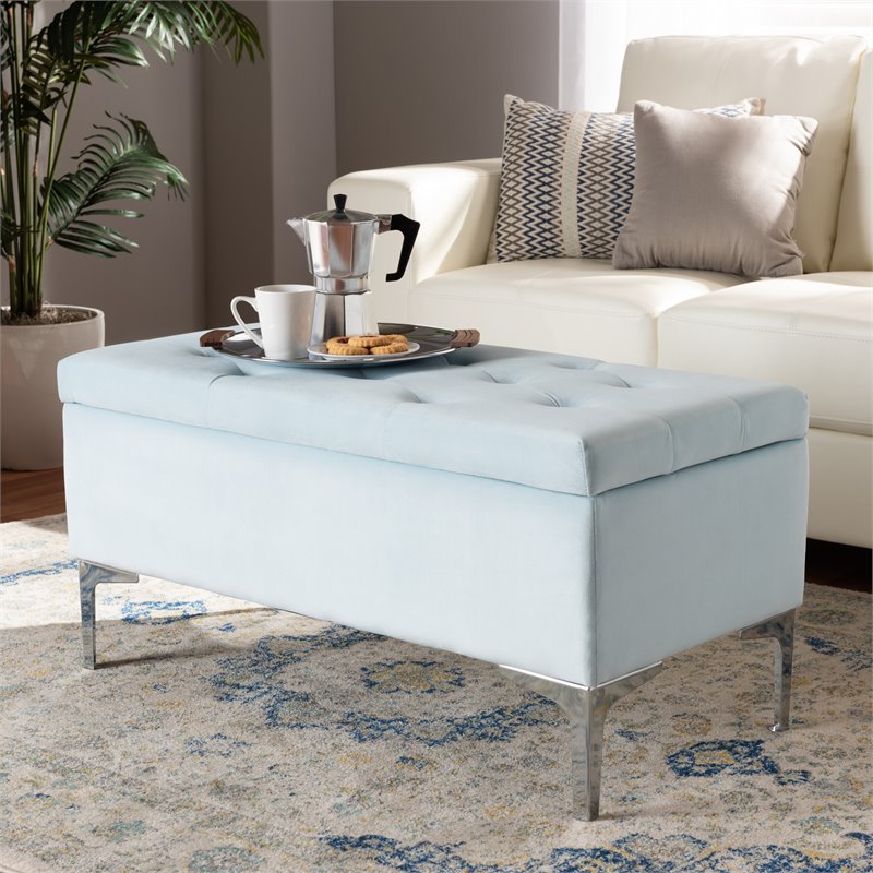 Baxton Studio Mabel Light Blue Velvet Silver Finished Storage Ottoman