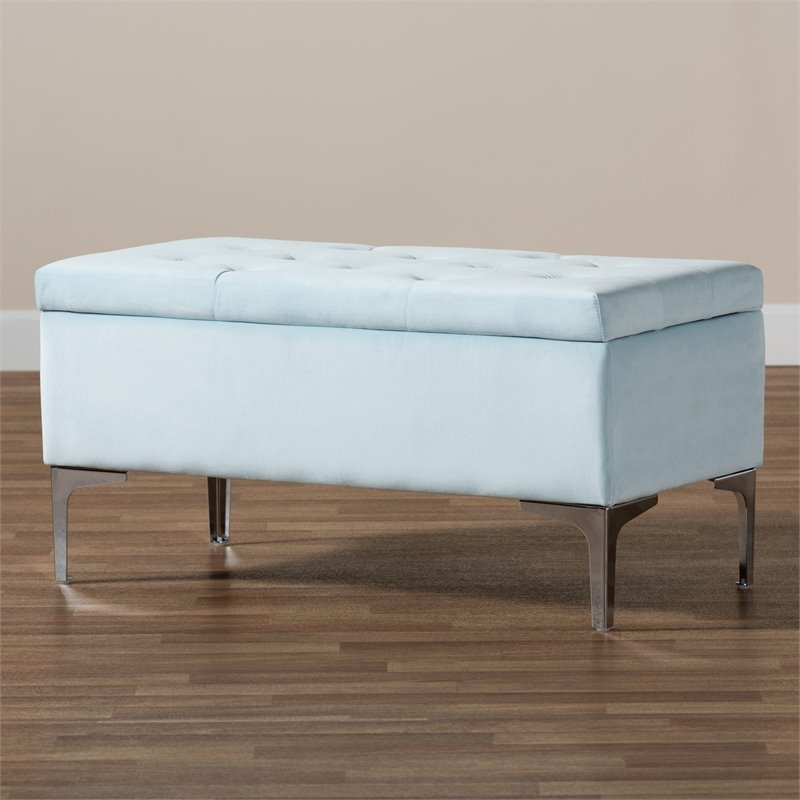 Baxton Studio Mabel Light Blue Velvet Silver Finished Storage Ottoman