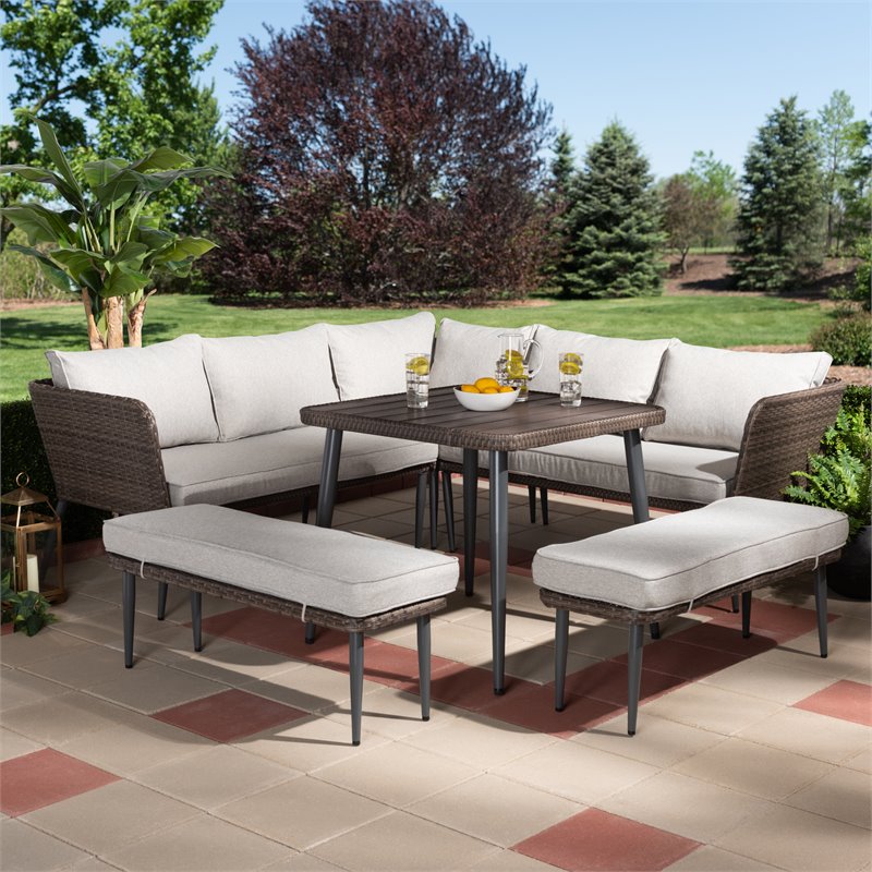 Baxton Studio Lillian Light Grey Upholstered 5-Piece Woven Rattan Patio Set