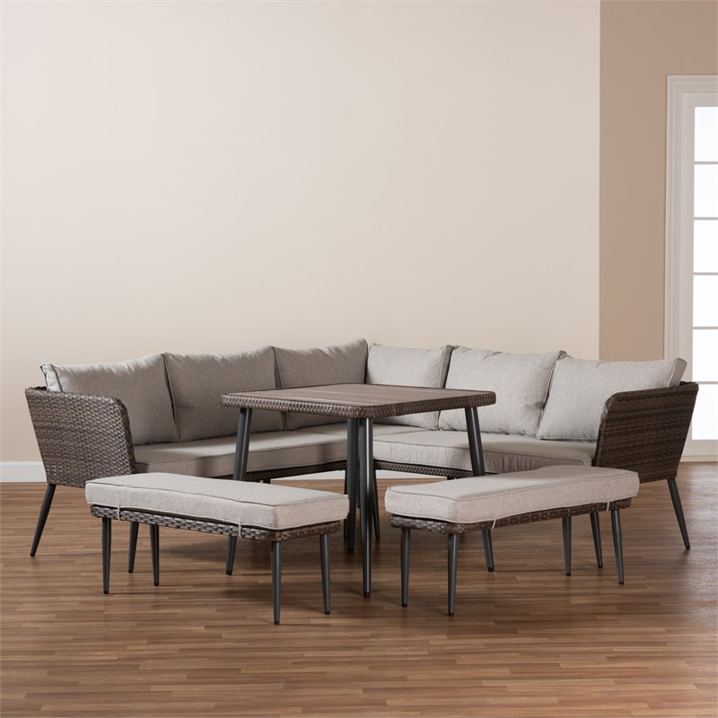 Baxton Studio Lillian Light Grey Upholstered 5-Piece Woven Rattan Patio Set