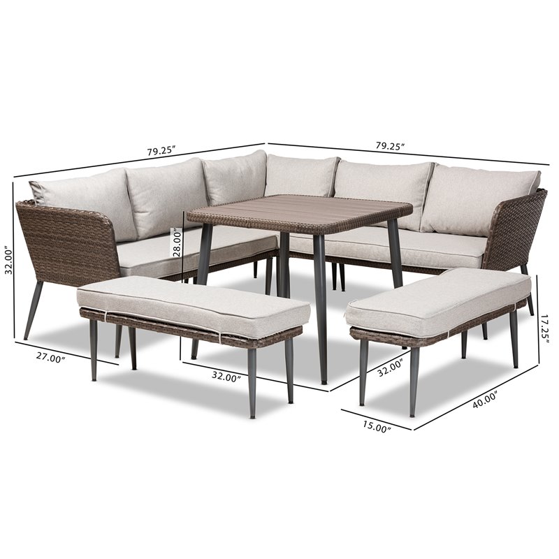 Baxton Studio Lillian Light Grey Upholstered 5-Piece Woven Rattan Patio Set