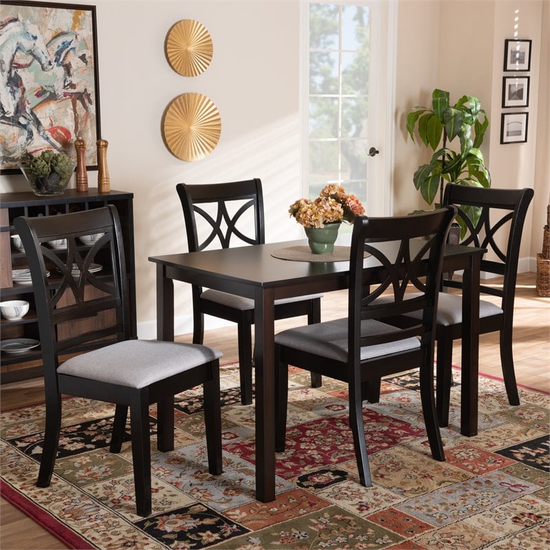 Baxton Studio Clarke Gray Upholstered Espresso Finished Wood 5-Piece Dining Set