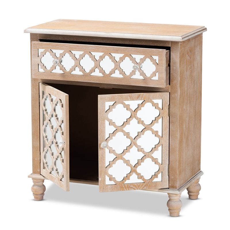 Baxton Studio Leah Oak Brown Finished Wood and Mirrored 1-Drawer Storage Cabinet
