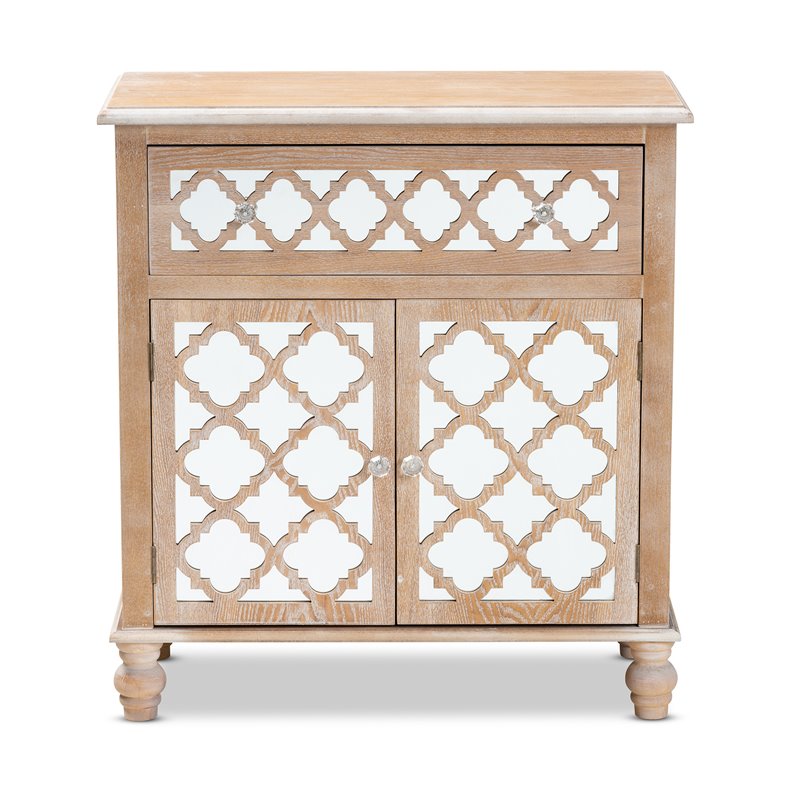 Baxton Studio Leah Oak Brown Finished Wood and Mirrored 1-Drawer Storage Cabinet