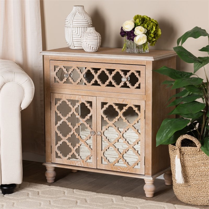 Baxton Studio Leah Oak Brown Finished Wood and Mirrored 1-Drawer Storage Cabinet