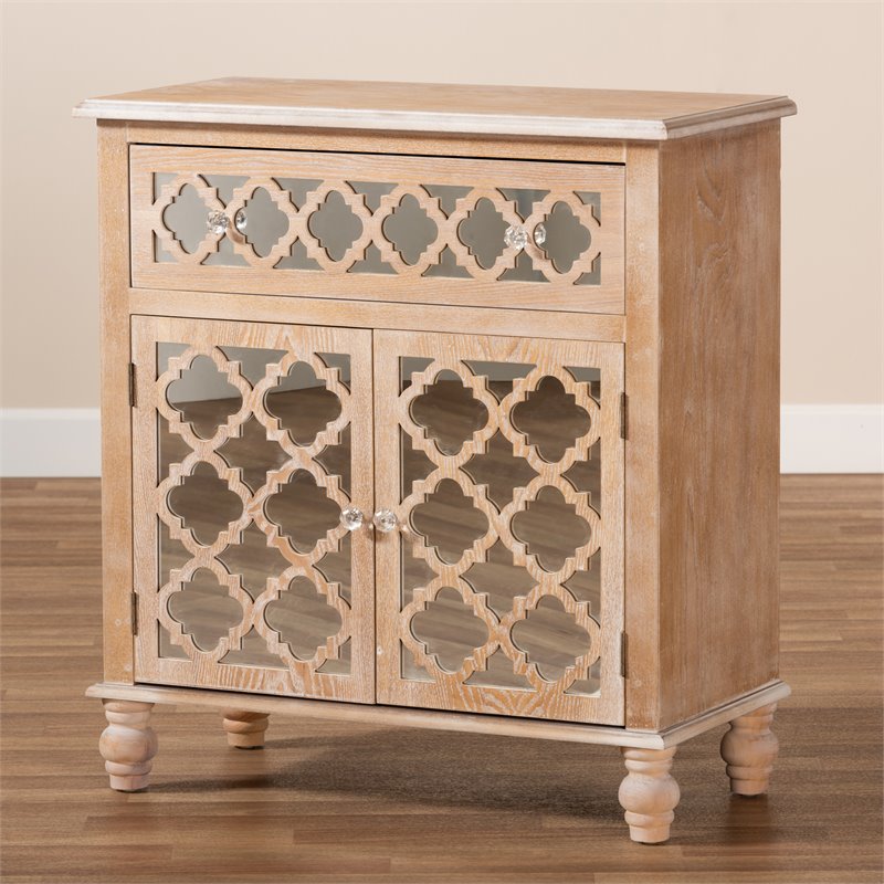 Baxton Studio Leah Oak Brown Finished Wood and Mirrored 1-Drawer Storage Cabinet