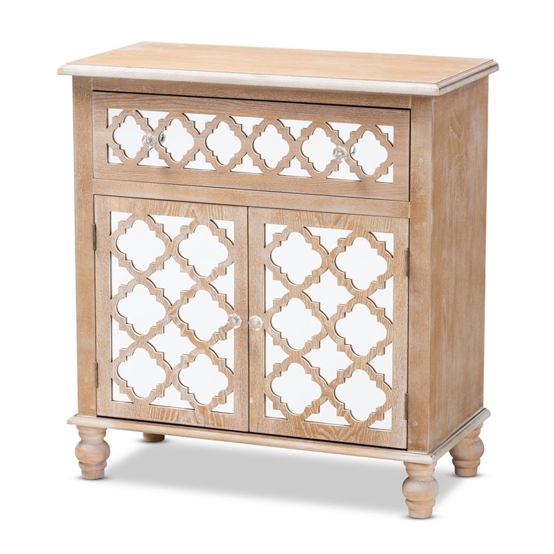 Baxton Studio Leah Oak Brown Finished Wood and Mirrored 1-Drawer Storage Cabinet