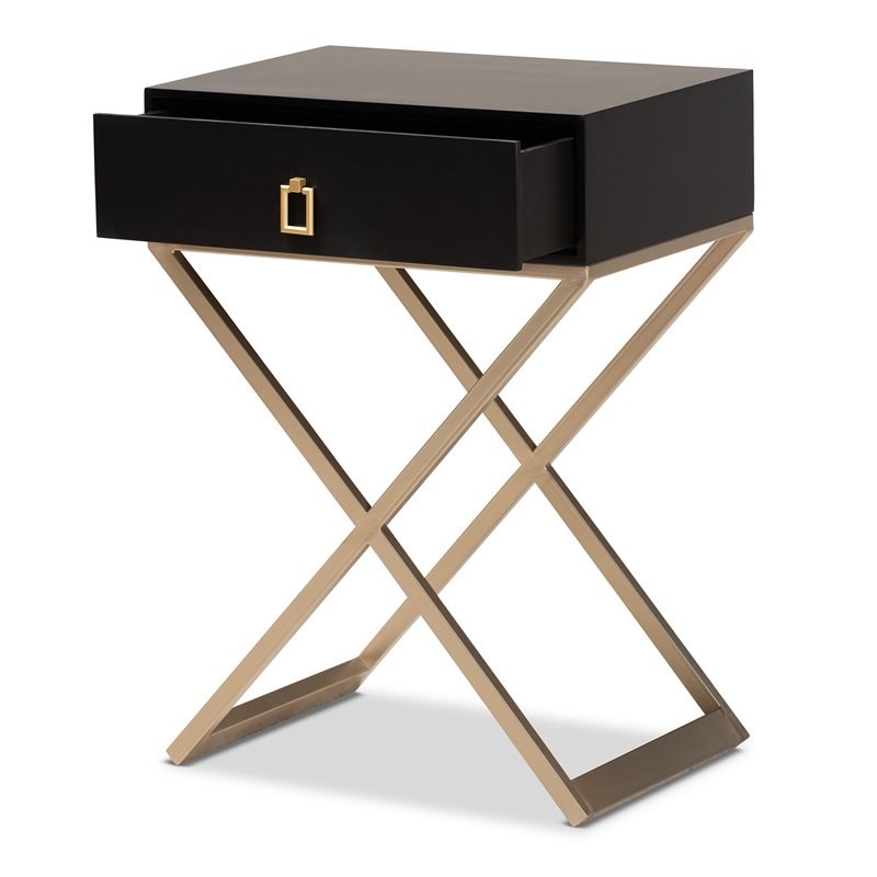 Baxton Studio Patricia Black Wood and Powder Brass Metal 1-Drawer End Table
