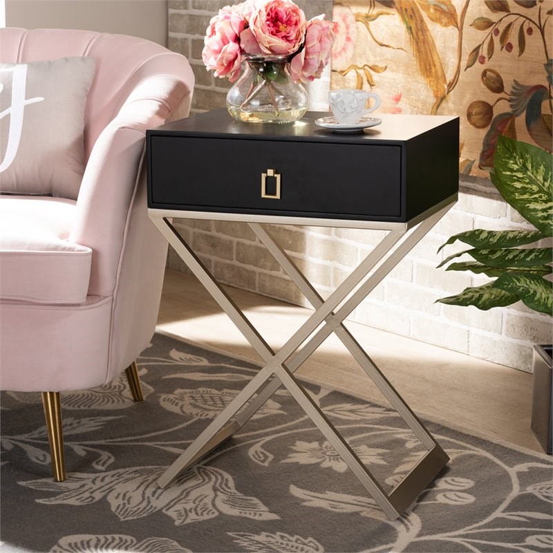 Baxton Studio Patricia Black Wood and Powder Brass Metal 1-Drawer End Table