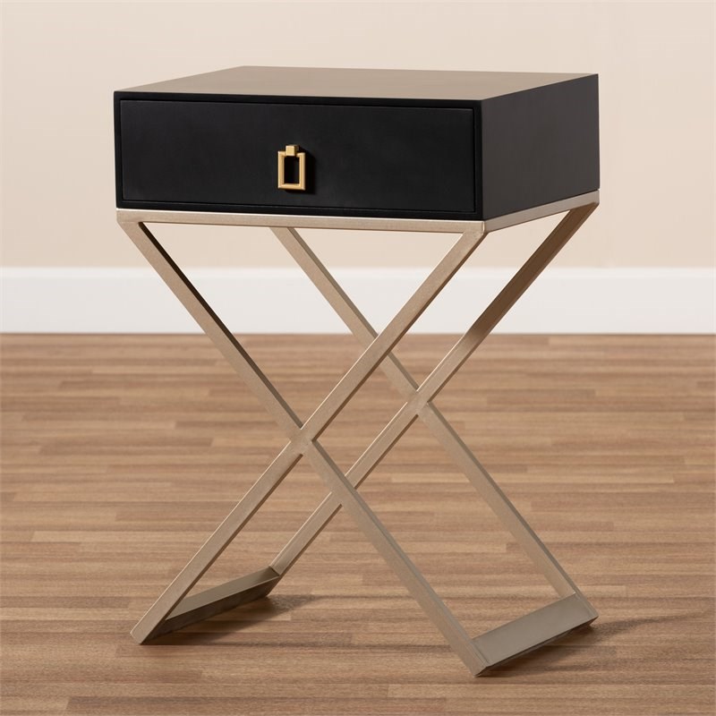 Baxton Studio Patricia Black Wood and Powder Brass Metal 1-Drawer End Table