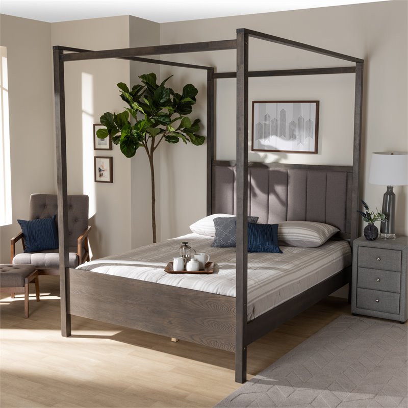 Baxton Studio Natasha Gray and Oak Finished Wood King Platform Canopy Bed