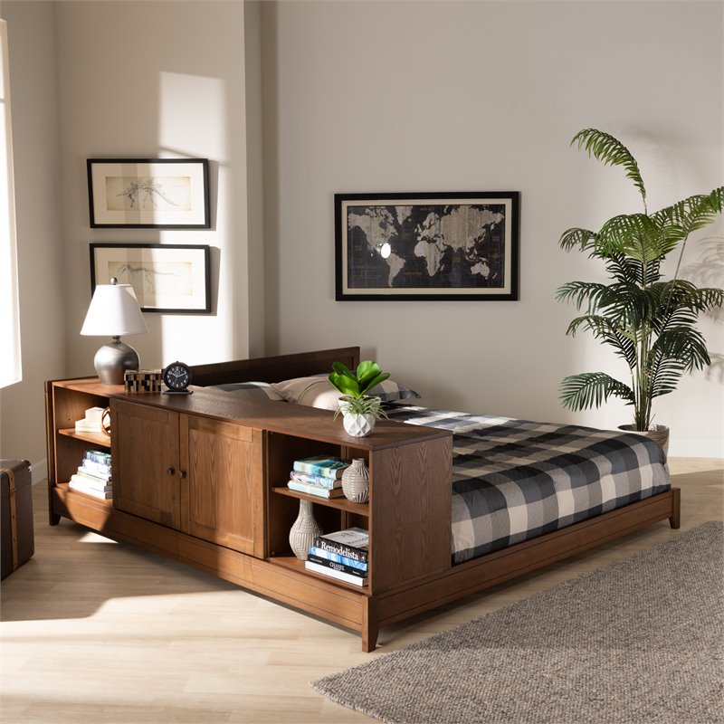Baxton Studio Kaori Walnut Brown Finished Wood Queen Size Platform Storage Bed