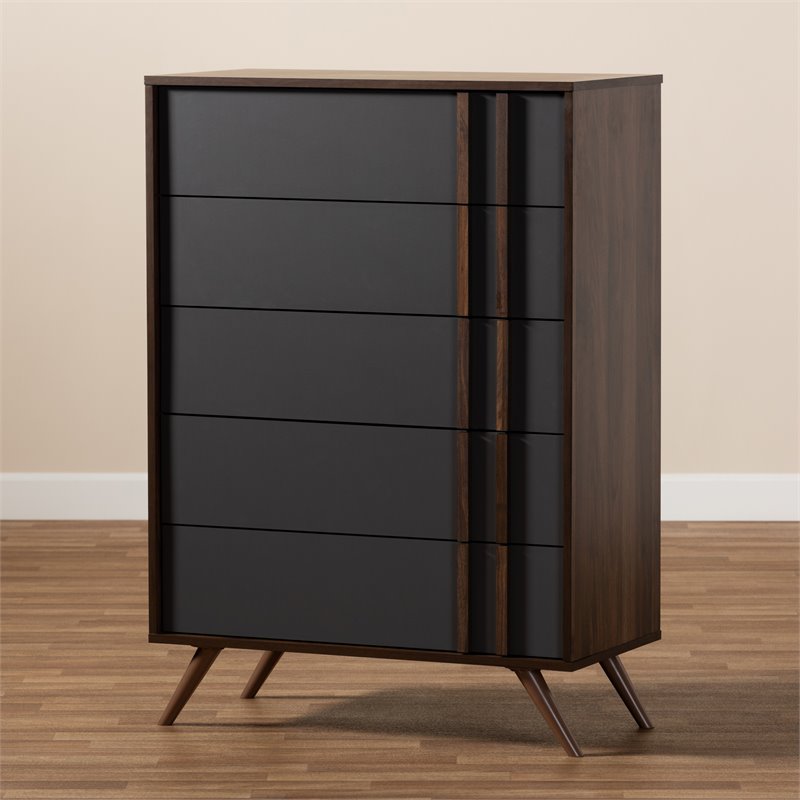 Baxton Studio Naoki Gray and Walnut Finished Wood 5-Drawer Bedroom Chest
