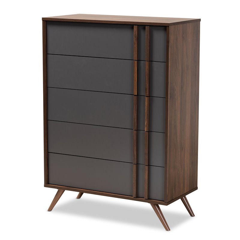 Baxton Studio Naoki Gray and Walnut Finished Wood 5-Drawer Bedroom Chest