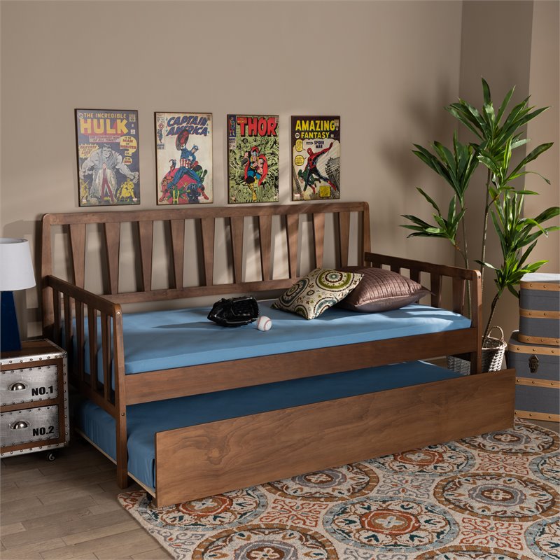 Baxton Studio Midori Walnut Finished Wood Twin Size Daybed with Roll-Out Trundle