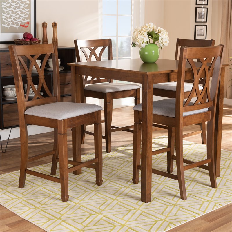 Baxton Studio Reneau Gray Upholstered Walnut Finished 5-Piece Wood Pub Set