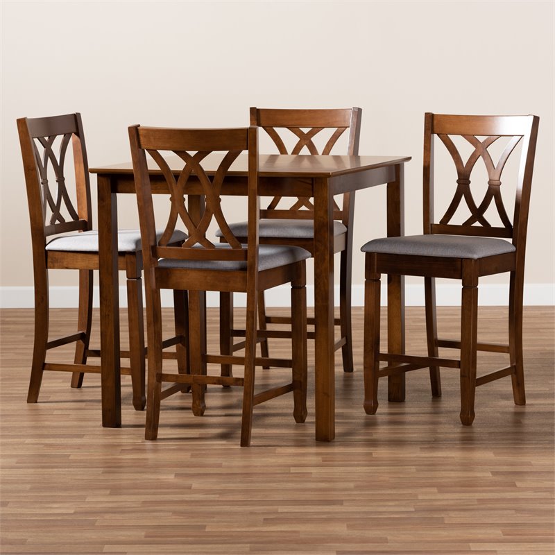 Baxton Studio Reneau Gray Upholstered Walnut Finished 5-Piece Wood Pub Set