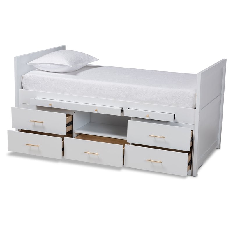 Baxton Studio Mirza White Finished Wood Twin Size Storage Bed with Pull-Out Desk