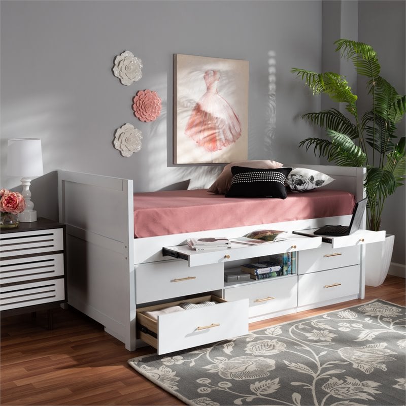 Baxton Studio Mirza White Finished Wood Twin Size Storage Bed with Pull-Out Desk