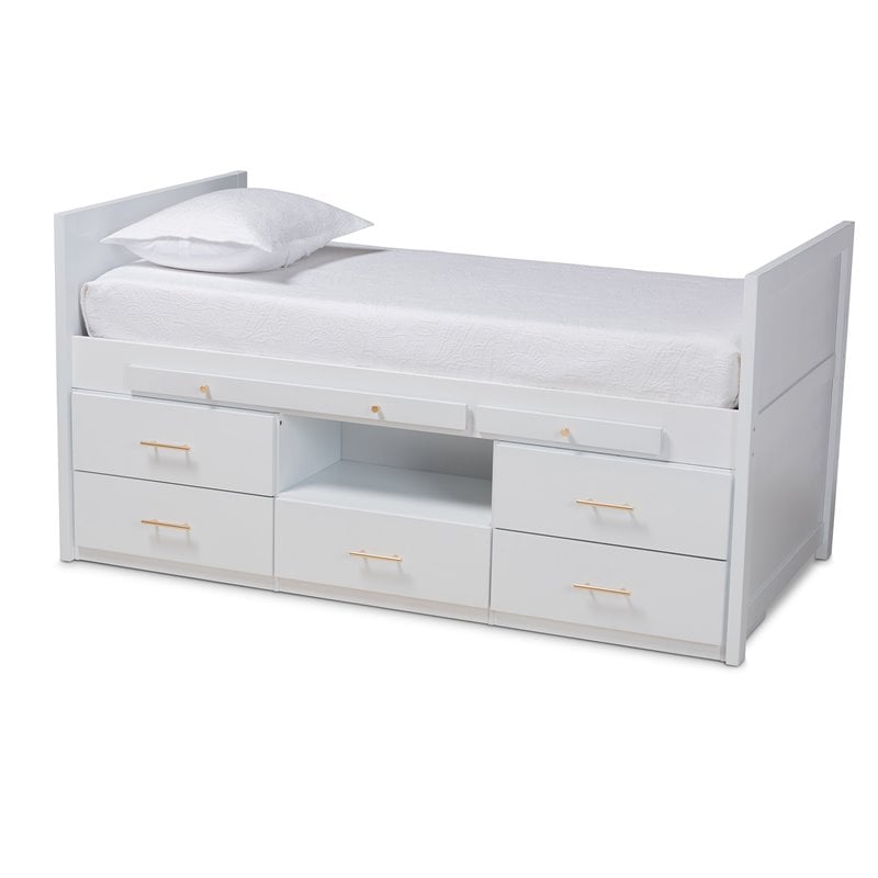 Baxton Studio Mirza White Finished Wood Twin Size Storage Bed with Pull-Out Desk