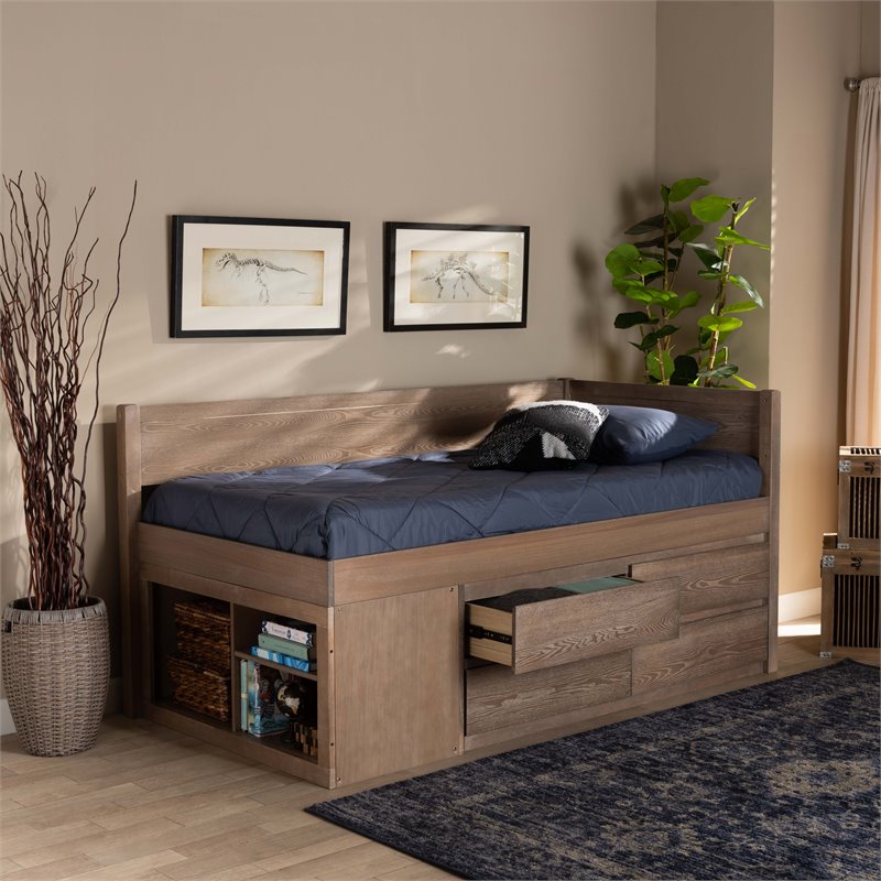 Baxton Studio Levon Antique Oak Finished Wood 4-Drawer Twin Size Storage Bed