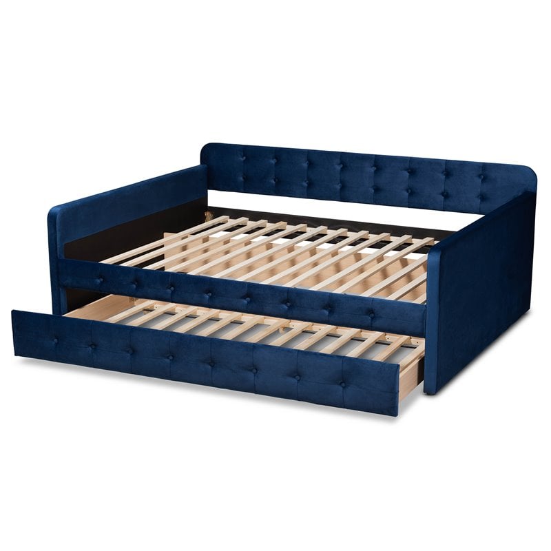 Baxton Studio Jona Navy Blue Velvet Upholstered Full Size Daybed with Trundle