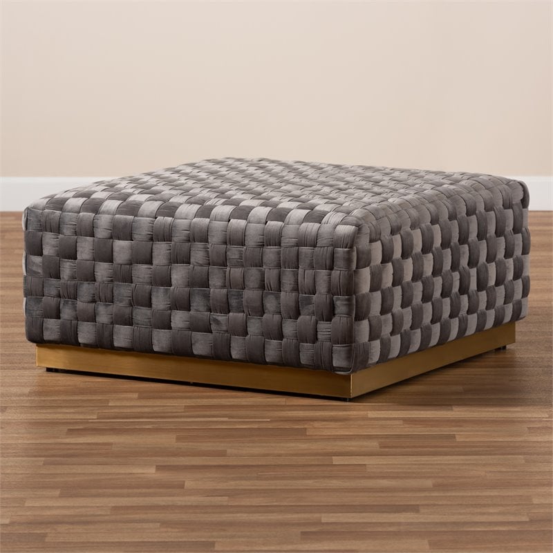Baxton Studio Noah Gray Velvet Fabric and Gold Finished Square Cocktail Ottoman