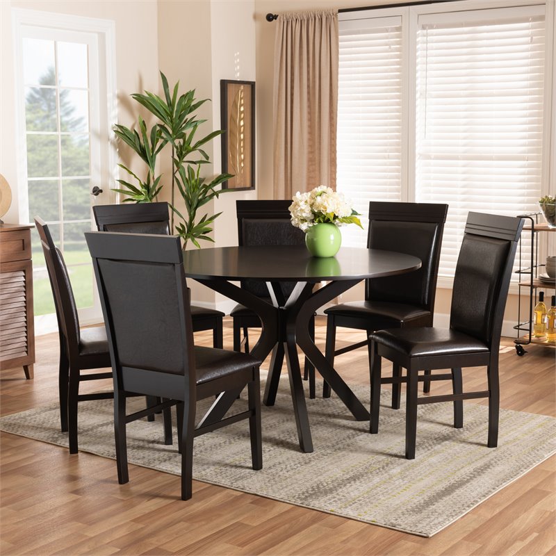 Baxton Studio Jeane Dark Brown Faux Leather Wood 7-Piece Dining Set