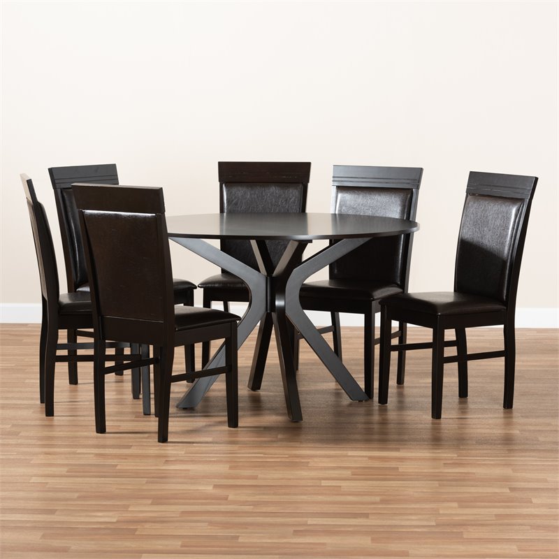 Baxton Studio Jeane Dark Brown Faux Leather Wood 7-Piece Dining Set