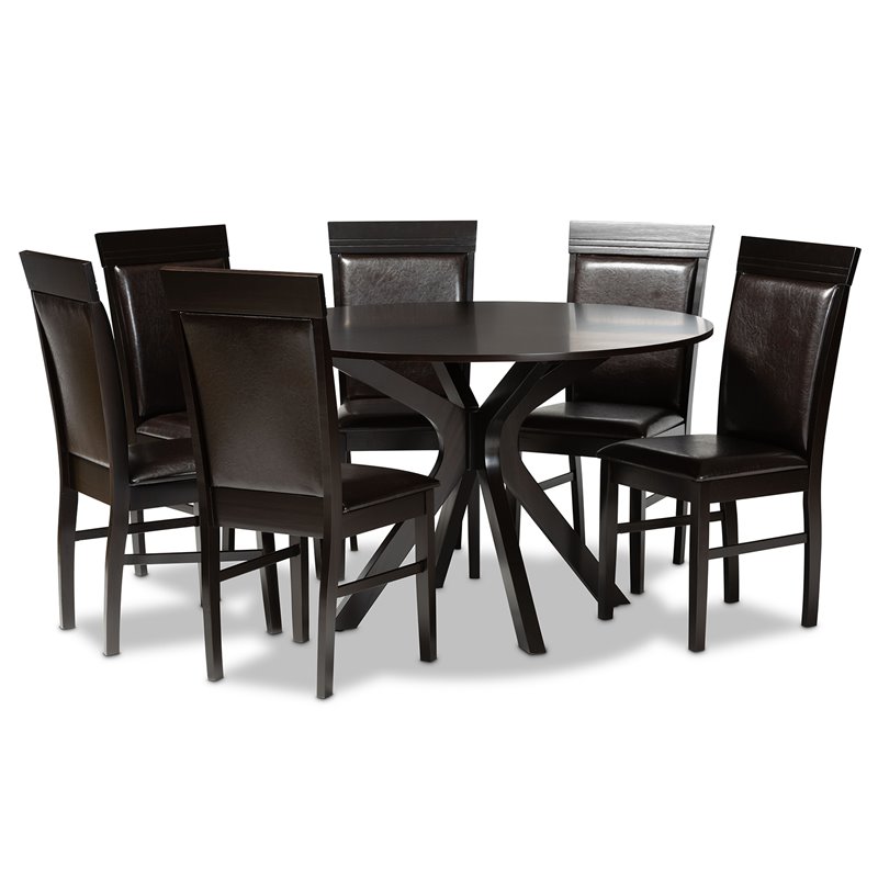 Baxton Studio Jeane Dark Brown Faux Leather Wood 7-Piece Dining Set