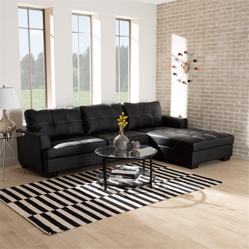 Baxton Studio Dobson Black Leather Sectional Sofa with White Stitching
