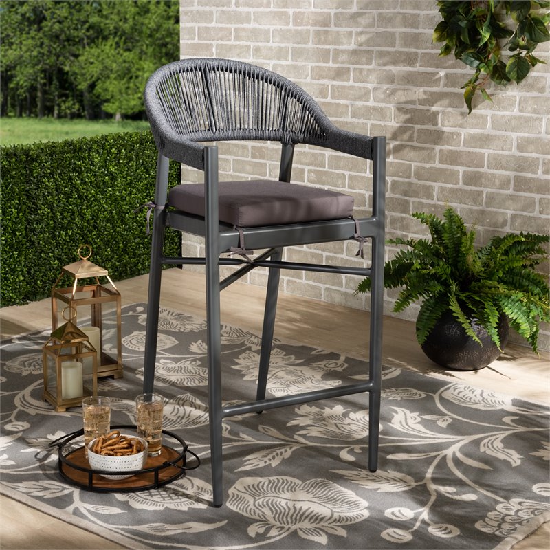 Baxton Studio Grey Finished Rope and Metal Outdoor Bar Stool