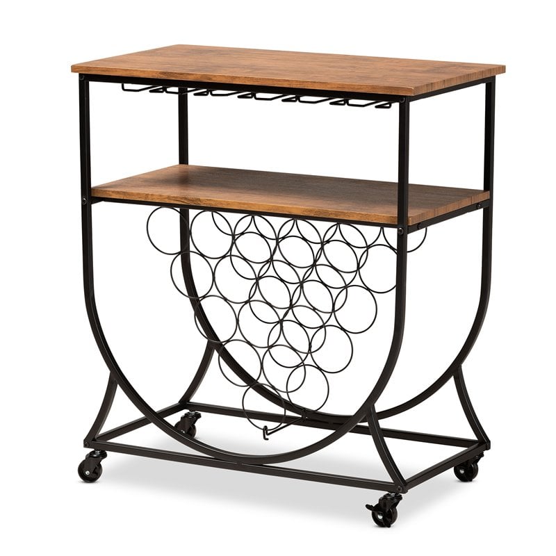 Baxton Studio Black Metal and Walnut Finished Wood Mobile Wine Bar Cart