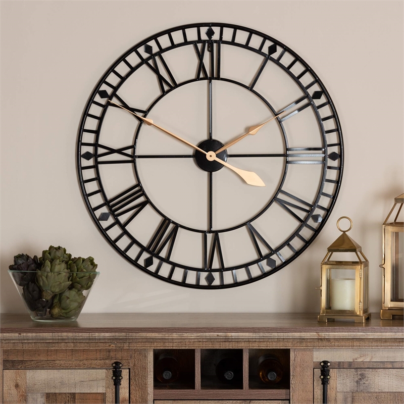 Baxton Studio Classic Contemporary Black and Gold Finished Metal Wall Clock