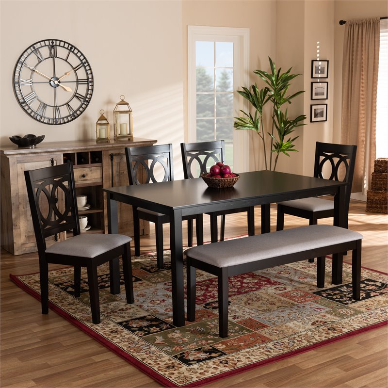 Baxton Studio Grey Fabric and Dark Brown Finished Wood 6-Piece Dining Set