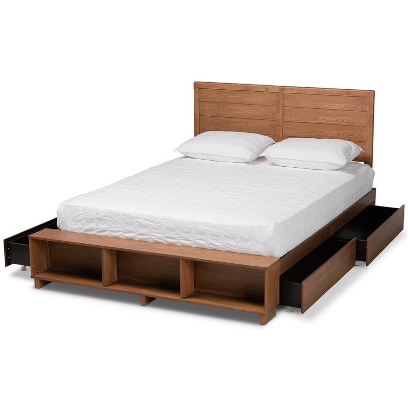 Baxton Studio Brown Wood Full Size 4-Drawer Platform Storage Bed with Shelves