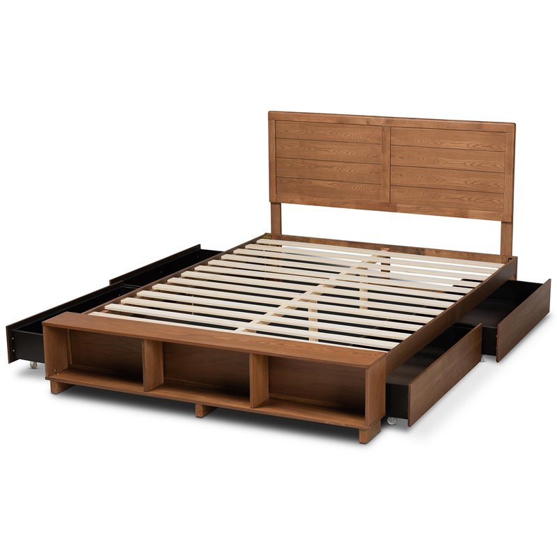 Baxton Studio Brown Wood Full Size 4-Drawer Platform Storage Bed with Shelves
