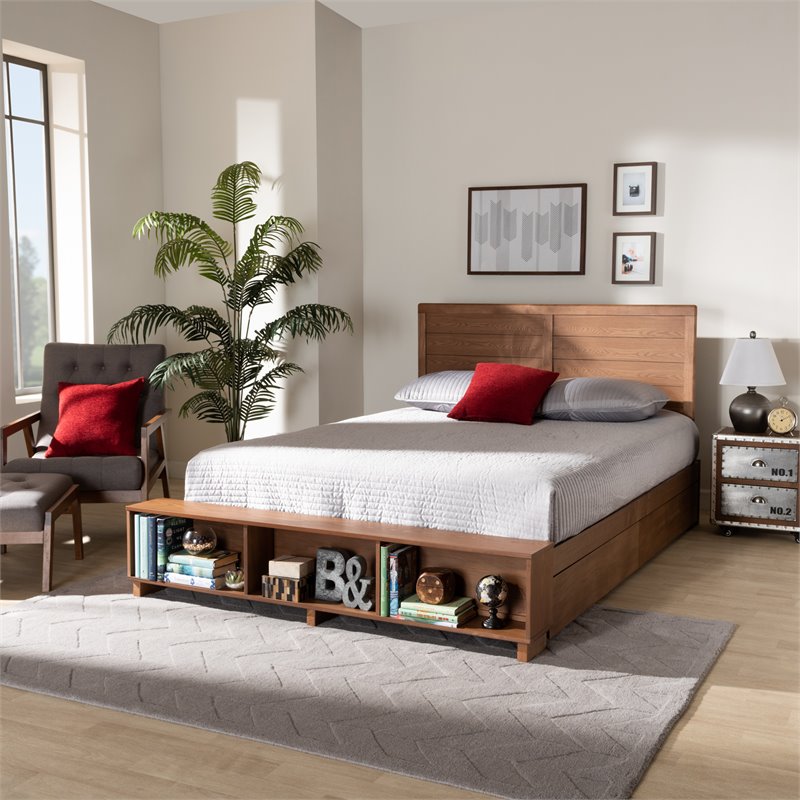 Baxton Studio Brown Wood Full Size 4-Drawer Platform Storage Bed with Shelves