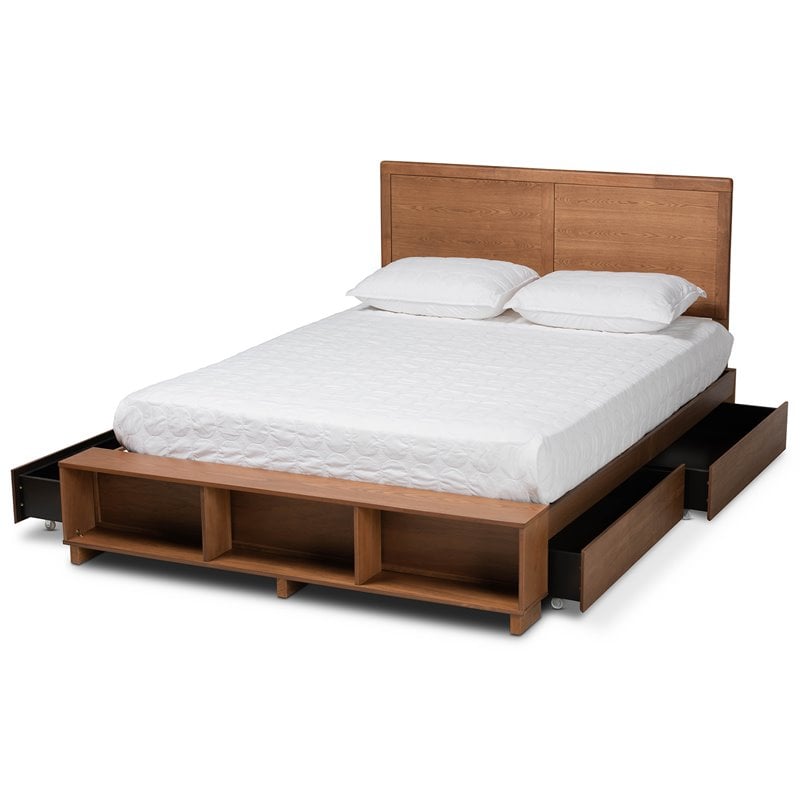 Baxton Studio Brown Wood Full Size 4-Drawer Platform Storage Bed with Shelves